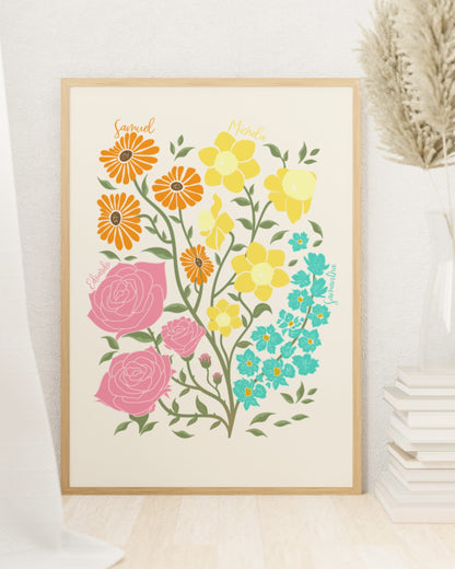 Jardín Familiar – Ilustración Personalizada con Flores de Nacimiento